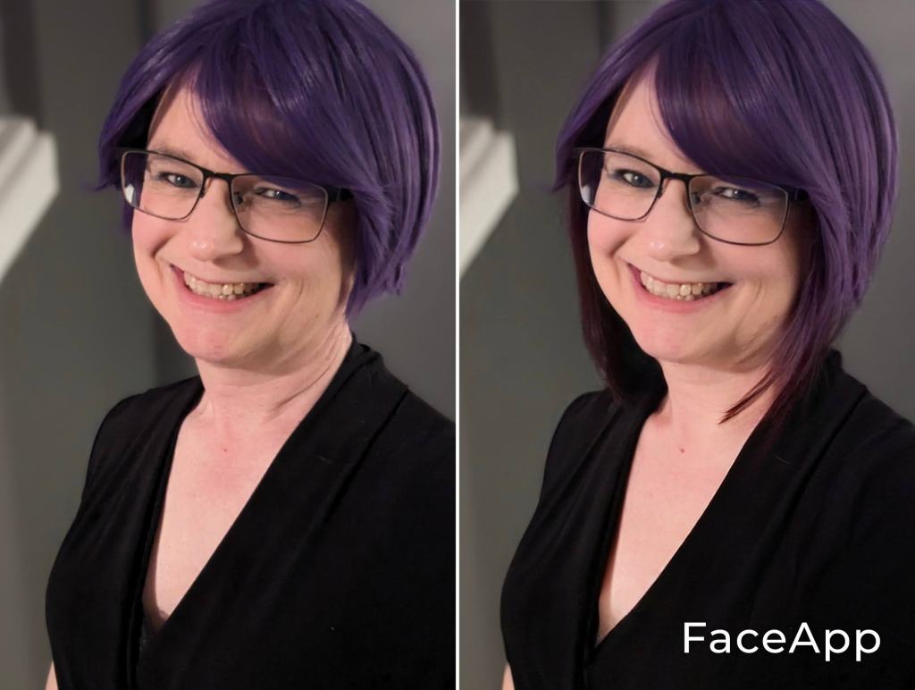A FaceApp comparison of me in my short purple wig and pantsuit with a further feminized version on the right. It widened my smile, lengthened my yhair a bit, and minimally increased my bustline.
