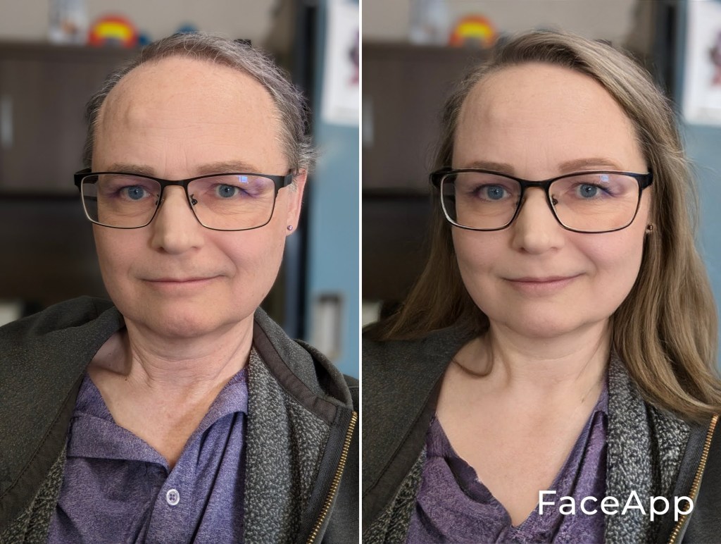 A FaceApp comparison of me, on the left, with a feminized version on the right. The obvious differences are longer hair and a smoother, younger-looking complexion. Aside from that, it gave me a slightly wider jaw and more sharply defined eyebrows.