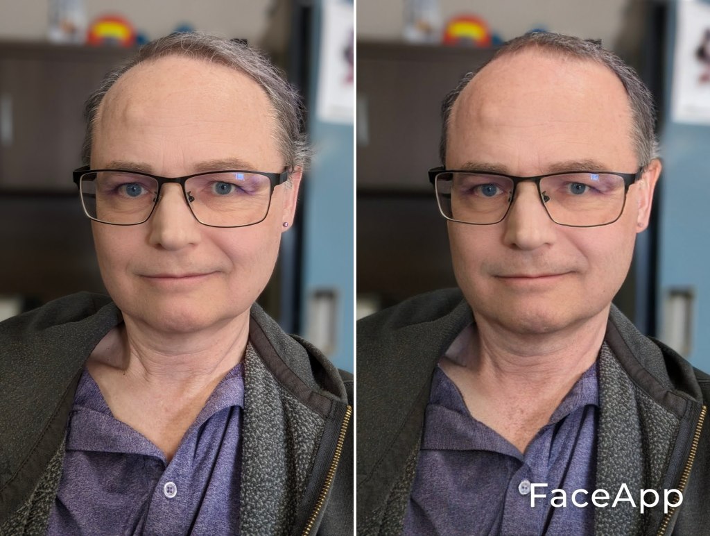 A FaceApp comparison of me, on the left, and a masculinized version on the right. The only differences are a slightly taller skull, my jaw extended a couple of millimeters, and my orbits squared off a tiny bit.