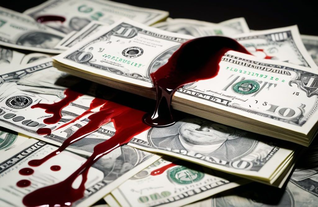 A pile of US dollar bills with blood on them